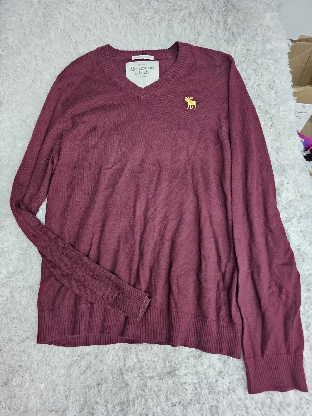 Abercrombie & Fitch Men L Burgundy Cashmere Blend V Neck Sweater Preppy Moose
